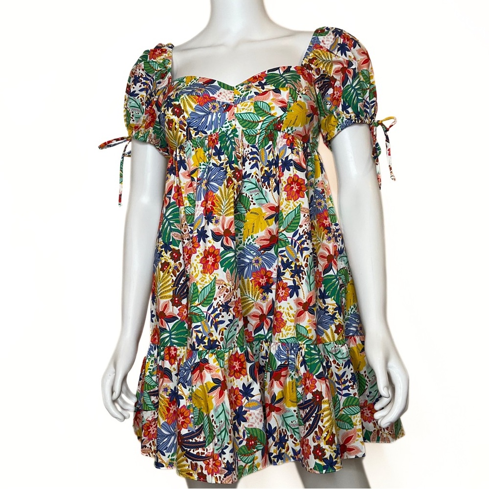 Olivaceous Tropical Ditsy Floral Babydoll Mini Dress Womens SZ S Skater Resort